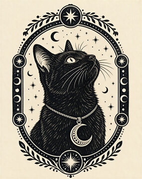 Mystical black cat with crescent moon pendant. Vintage linocut woodcut print illustration with celestial stars and floral oval frame