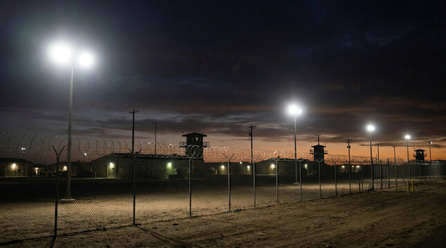 Military Base Security Fence and Buildings at Night
