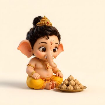 Cute 3D baby Lord Ganesha sitting with a plate of modak sweets, festive Ganesh Chaturthi illustration for cards, greetings, and religious social media posts.
