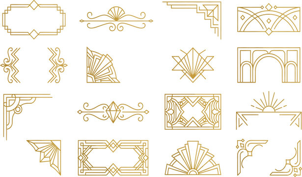 Assorted gold art deco ornaments and frames with vintage geometric shapes for creative design.