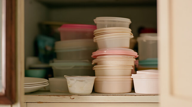 Cluttered kitchen cabinet shelf crammed with stacks of plastic food storage containers and lids in various colors for organization projects