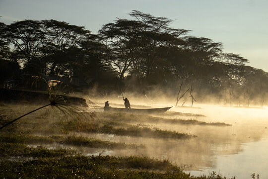 Fishermen Fishing on Lake Oloiden at Sunrise, Naivasha, Kenya