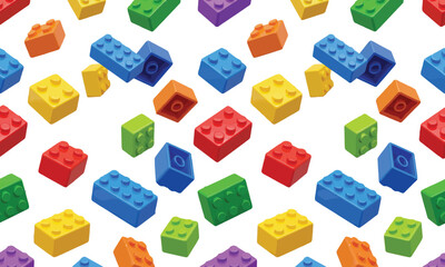 Fototapeta premium Colorful plastic building blocks set arranged in pattern for construction game and kids education.