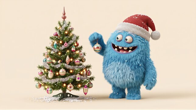 Cute blue fluffy monster in santa hat decorating christmas tree with ball ornament. Funny character celebrating new year holiday. Festive greeting card design for children party and winter celebration