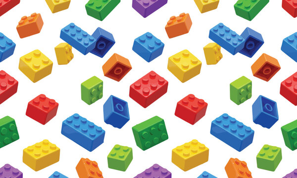 Colorful plastic building blocks set arranged in pattern for construction game and kids education.