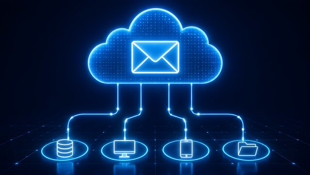 Glowing cloud computing network connecting email server to database and devices, representing digital synchronization and data storage