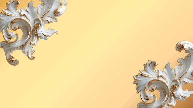 Elegant Ornamental White and Gold Rococo Style Flourish Decorative Corners on a Smooth Gradient Background for Luxury Graphic Design Projects