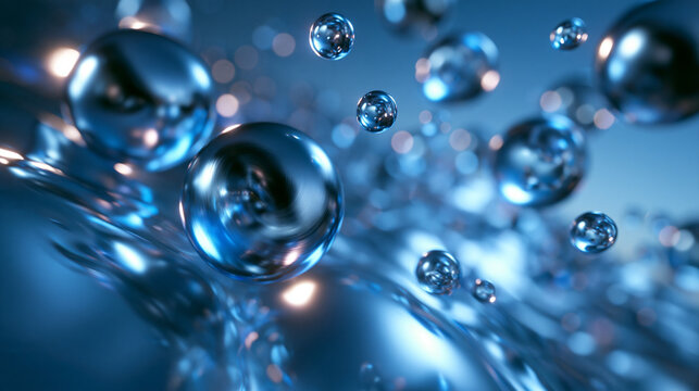 Abstract Blue Spheres Floating Over Liquid Metallic Surface