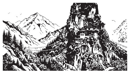 Obraz premium Ancient fortress perched on a rugged alpine cliff among snowcapped peaks in a dramatic landscape.