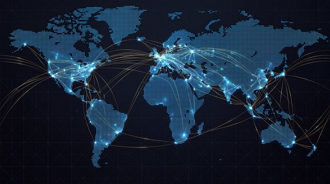 Global Digital Network Connection Map with Data Lines