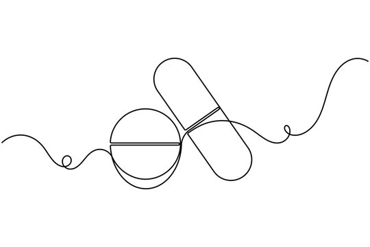 Medicine of tablet and capsule icon sign continuous one line drawing on white background minimalist single art medical science and doctor prescription concept editable outline vector illustration