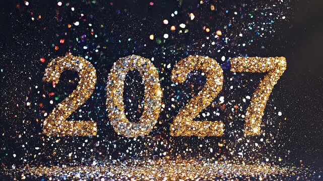 Golden 2027 numerals dissolving into shimmering particles against a dark background with subtle bokeh effects