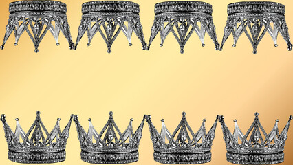 Vintage silver crown collection on gold background, ornate royal tiara border, set of 8 antique metallic crowns for luxury branding and awards © Senandung