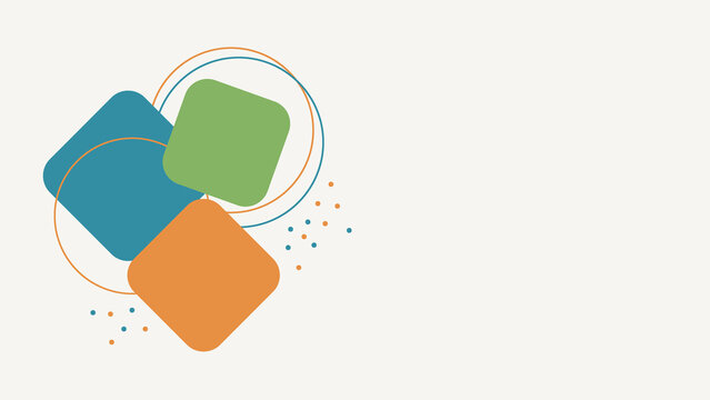 Modern geometric composition featuring colorful rounded squares and thin circular outlines with small scattered dots on a clean light beige background for branding