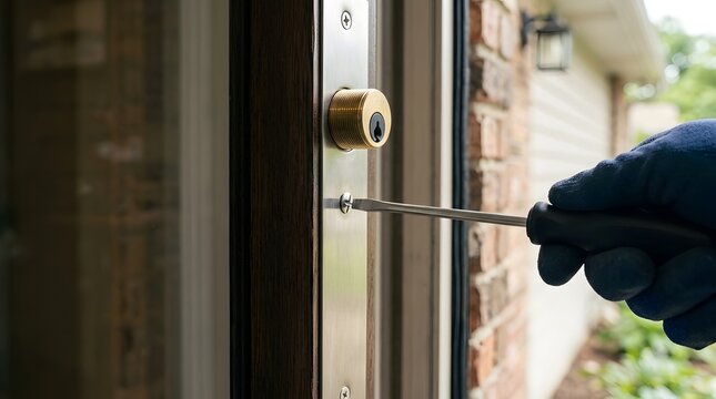 Gloved hand using a screwdriver to pry a door lock on a residential house exterior with blurred background day