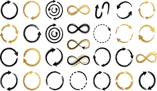 Hand drawn gold and black arrow circles and infinity symbols for creative layouts.