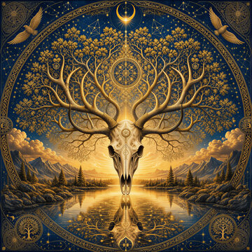 Golden animal skull with tree branches for antlers reflecting in water. Visionary art of sacred nature with celestial mandala border. Mystical mountain landscape illustration