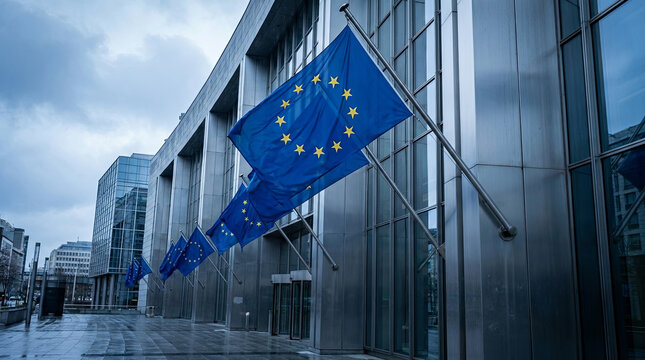 EU Flags Flying Along Diplomatic Building Facade