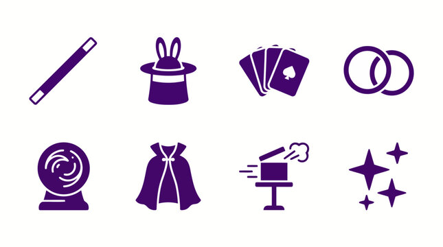 Minimalist magic show glyph icons set in purple color including wand bunny hat cards crystal ball and illusion boxes for simple designs.