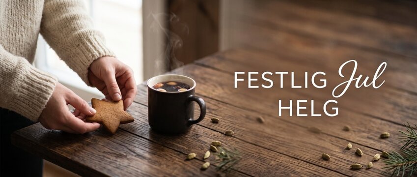 Christmas mulled wine gingerbread cookie hands holding star biscuit on rustic wooden table for cozy holiday winter festlig jul helg celebration atmosphere with steaming mug warm beverage background