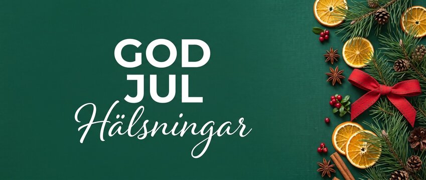 Swedish Christmas background God Jul H&auml;lsningar text with festive pine branches dried orange slices star anise cinnamon red ribbon bow on dark green canvas for Scandinavian holiday greetings banner.