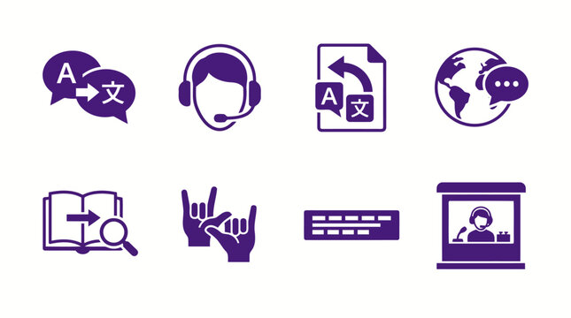 Language translation and interpretation services flat icons in purple style showing support agents subtitles and international symbols.