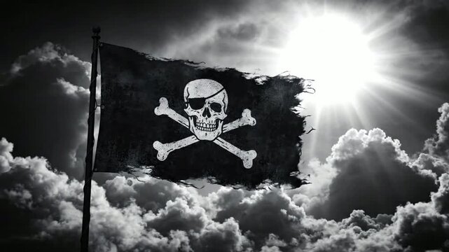 Waving pirate flag jolly roger with skull and crossbones against dramatic stormy clouds and bright sun black and white cinematic background