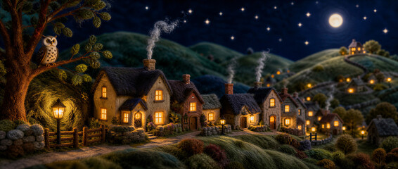 Fototapeta premium Felted miniature village landscape at night. Handmade wool craft of cozy houses with glowing windows under a starry sky and full moon