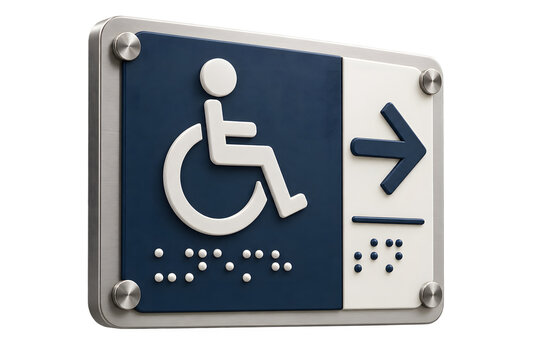Modern tactile accessibility sign with raised symbols and Braille-style elements isolated on transparent background for inclusive architecture, wayfinding, public spaces and universal design.