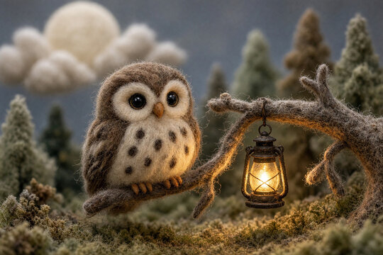 Handmade felted brown owl perched on a branch with a glowing lantern. Miniature wool craft woodland scene with moss and pine trees