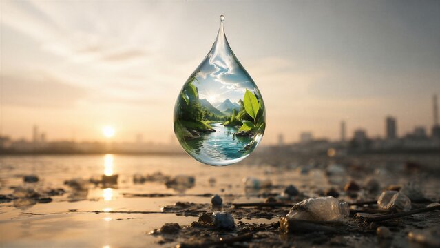Pure water drop with green landscape inside floating over polluted river shore with plastic garbage at sunset. Ecology and pollution concept. World cleanup day and environmental protection awareness
