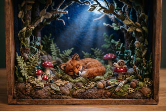 Needle felted sleeping fox in a woodland diorama. Handmade tactile craft of a forest night scene with moon rays and mushrooms in a wooden box