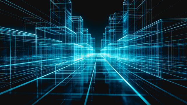 Neon Wireframe Digital Cityscape Futuristic Virtual Urban Model