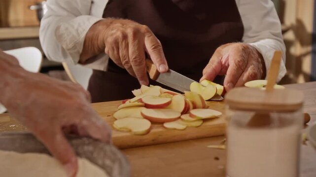 Senior Caucasian man slicing fresh apples on wooden board while preparing homemade pie in kitchen. Footage suitable for culinary tutorials and family lifestyle campaigns