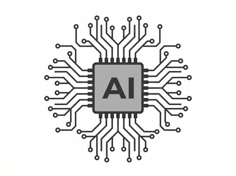 Central processing unit with AI text inside a complex electronic circuit board design on a white isolated background