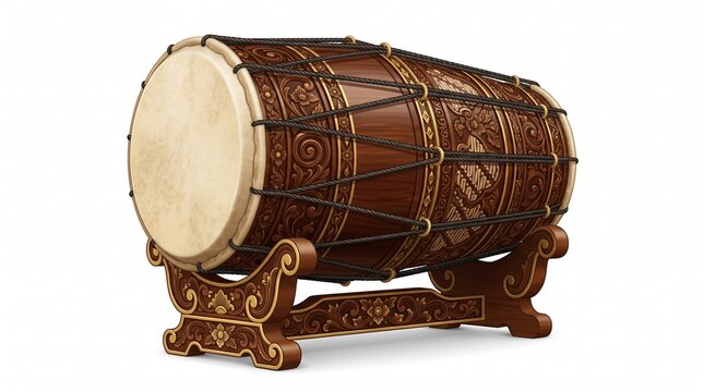 Traditional Indonesian Kendhang Drum on Ornate Carved Wooden Stand, Cultural Percussion Instrument Graphic