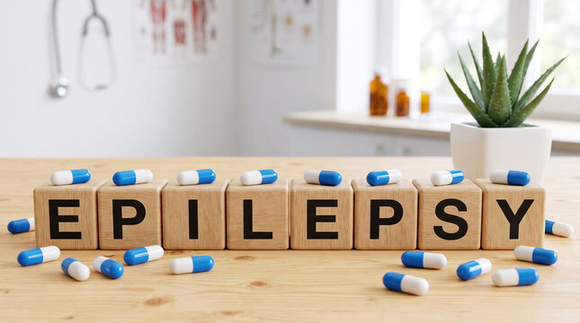 Epilepsy spelled on wooden letter blocks surrounded by blue and white capsules in a clinic setting