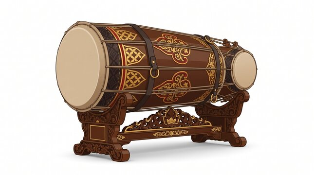 Traditional Indonesian Kendhang Percussion Instrument With Intricate Gold Ornate Carvings Resting On An Elegant Wooden Stand