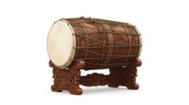 Traditional Indonesian Kendhang Handcrafted Wooden Percussion Instrument with Detailed Carved Stand on White Background