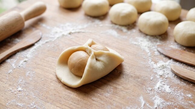 Bakpia dough enclosing sweet peanut filling during pastry preparation, ideal for recipe guides, culinary training, traditional food documentation, and food production content.