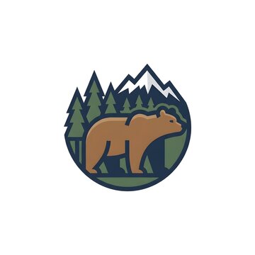 Brown Bear in Forest with Mountains Flat Design Illustration.