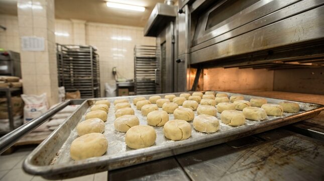 Freshly shaped bakpia arranged on a baking tray before oven baking, documenting pastry production for culinary education, bakery training, and food manufacturing content.