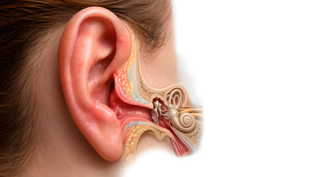Ear anatomy with subtle inflammation and swelling, photorealistic medical education cutaway showing ear canal, eardrum, middle and inner ear structures for healthcare and patient education use