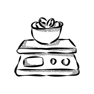 Hand drawn coffee beans on digital kitchen scale for measuring coffee brewing weight
