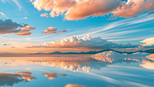 Endless glass-like lake at sunset, perfectly mirroring dramatic clouds, golden sunlight and distant mountains across an expansive blue horizon, creating a surreal sense of infinite space.