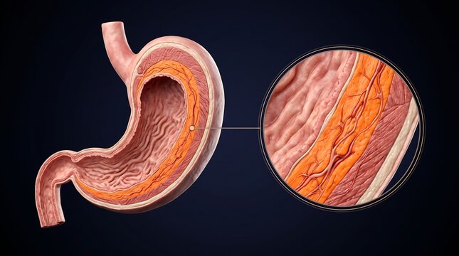 Detailed anatomical illustration of the human stomach showing its internal layers and structure.
