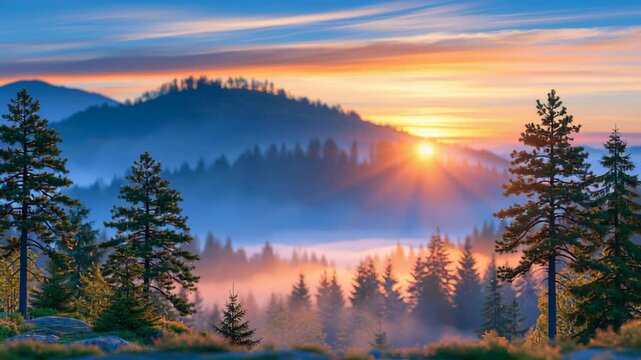 Misty mountain landscape at sunrise with evergreen pine forests, layered hills and a glowing sun above a tranquil valley, creating a peaceful scenic nature background.