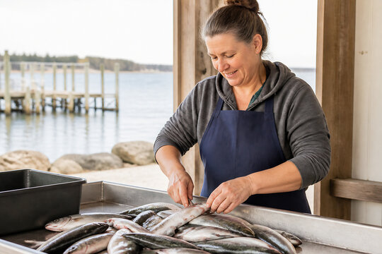 A woman in an apron is sorting fish in a metal bin at what appears to be a seafood market or dockside setting.