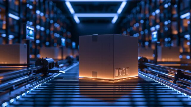 Futuristic automated warehouse with a cardboard package moving on a conveyor system, surrounded by glowing blue lights, representing logistics, automation, technology and next-generation delivery.