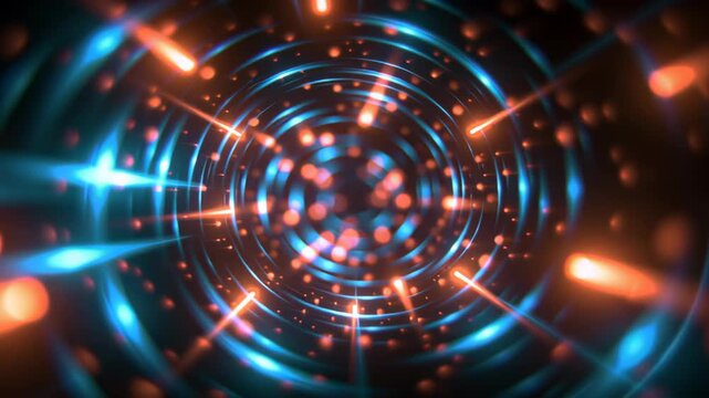 Futuristic light tunnel filled with glowing blue and orange streaks, sparkling particles and circular energy patterns, creating a dynamic abstract background 